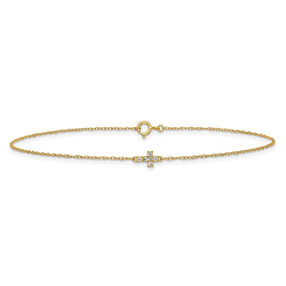 10K Yellow Gold Polished Cz Cross 10 Inch Anklet
