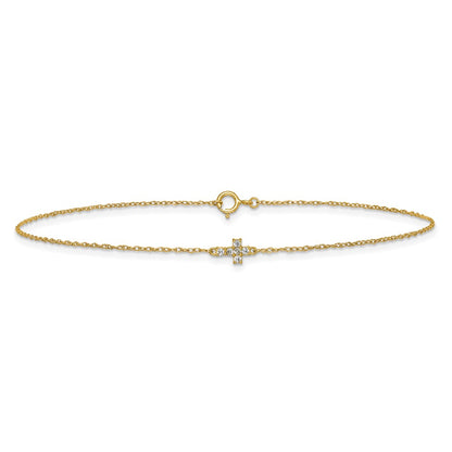 10K Yellow Gold Polished Cz Cross 10 Inch Anklet