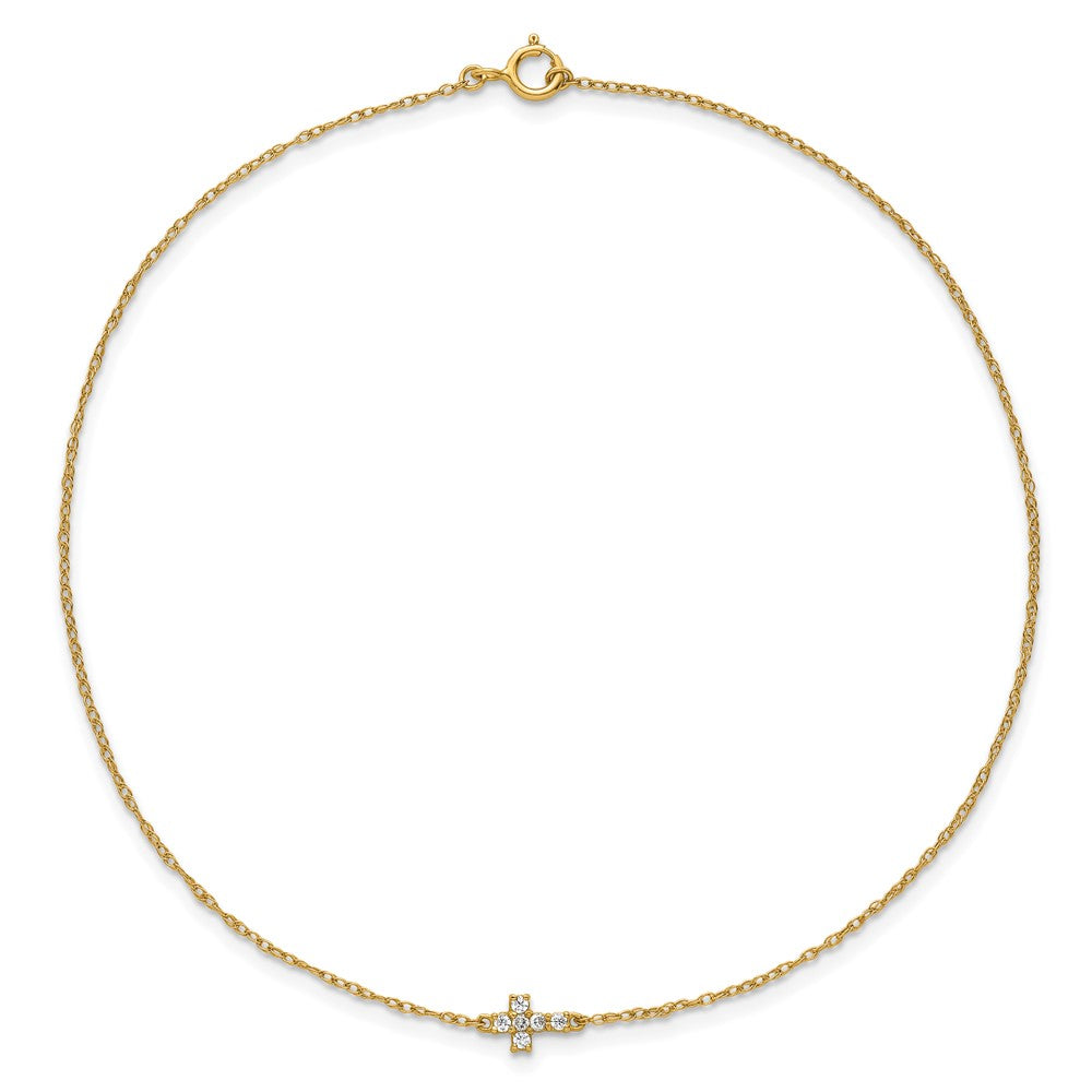 10K Yellow Gold Polished Cz Cross 10 Inch Anklet