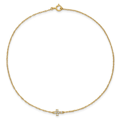 10K Yellow Gold Polished Cz Cross 10 Inch Anklet