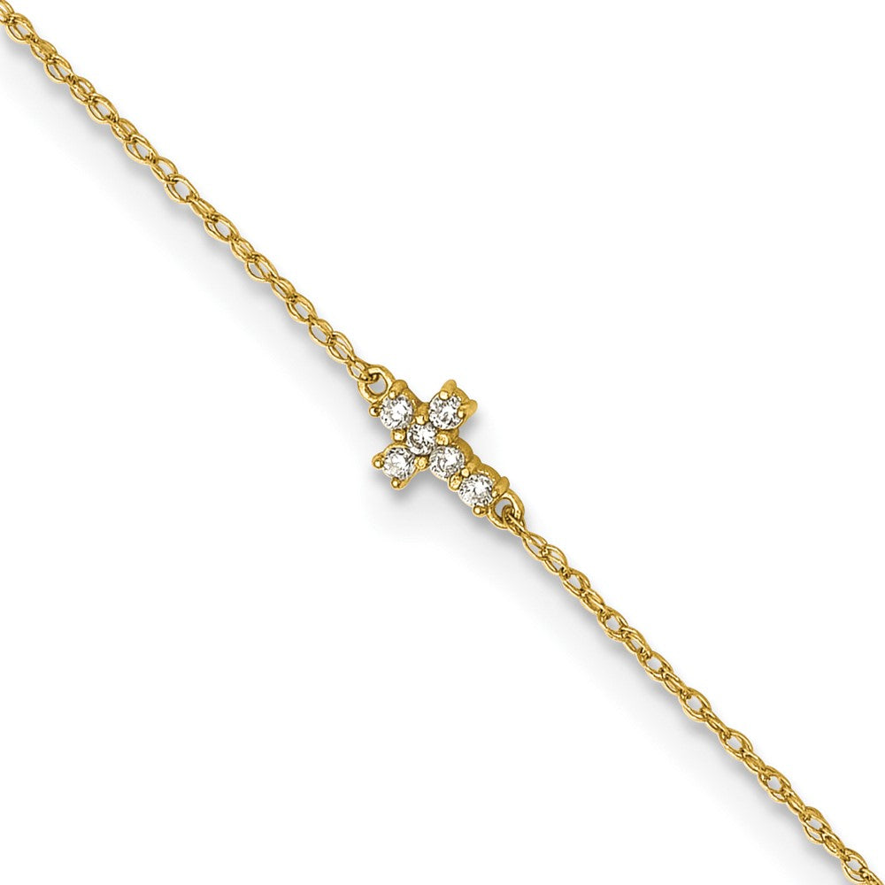 10K Yellow Gold Polished Cz Cross 10 Inch Anklet