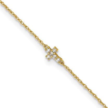 10K Yellow Gold Polished Cz Cross 10 Inch Anklet