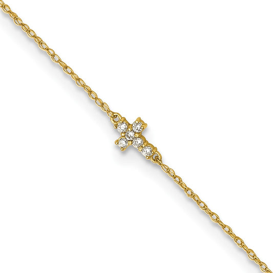 10K Yellow Gold Polished Cz Cross 10 Inch Anklet
