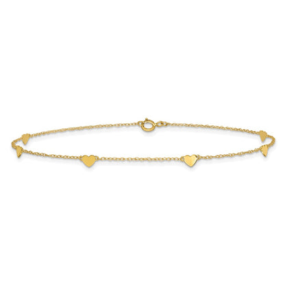 10K Yellow Gold Polished Heart 6-Station 10 Inch Anklet