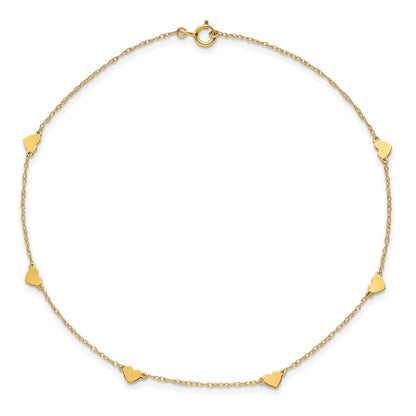10K Yellow Gold Polished Heart 6-Station 10 Inch Anklet