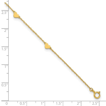 10K Yellow Gold Polished Heart 6-Station 10 Inch Anklet