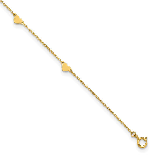 10K Yellow Gold Polished Heart 6-Station 10 Inch Anklet