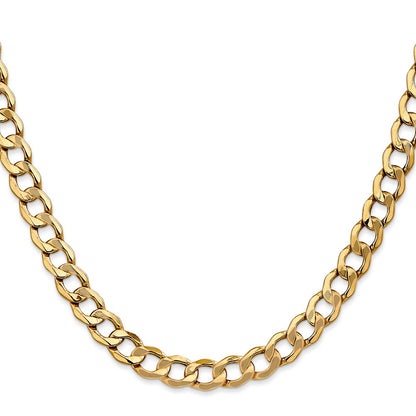 24 Inch 10k Yellow Gold 7mm Semi-Solid Curb Link Chain Necklace