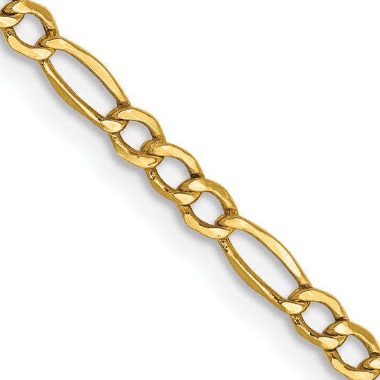 22 Inch 10k Yellow Gold 2.5mm Semi-Solid Figaro Chain Necklace