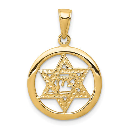 10K Yellow Gold Jewish Chi In Star Of David Pendant