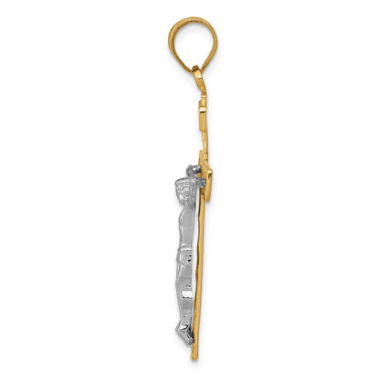 10K Two-Tone 10K D/C Large Block Lattice Cross W/Crucifix Pendant