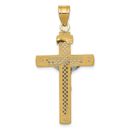 10K Two-Tone 10K D/C Large Block Lattice Cross W/Crucifix Pendant