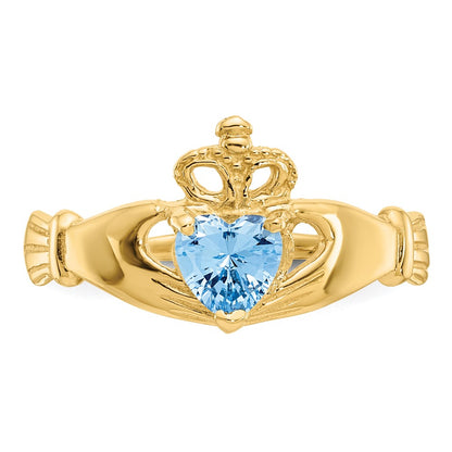 10K Yellow Gold Cz March Birthstone Claddagh Heart Ring