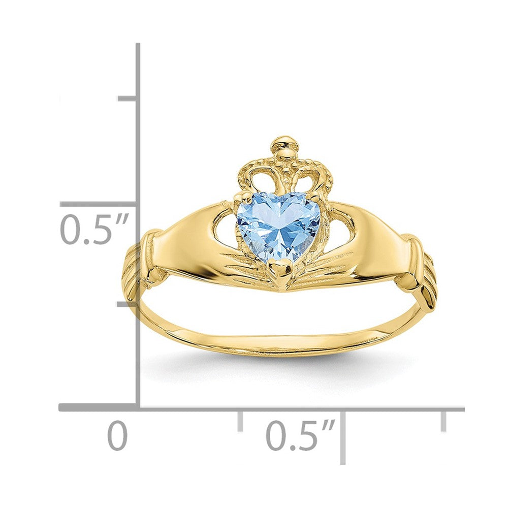 10K Yellow Gold Cz March Birthstone Claddagh Heart Ring