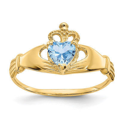 10K Yellow Gold Cz March Birthstone Claddagh Heart Ring