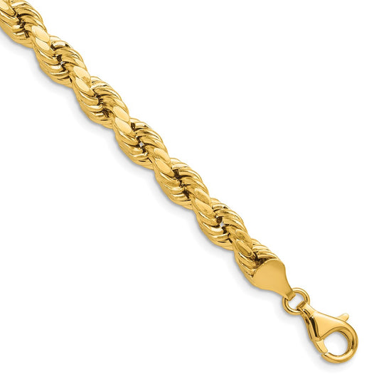 9 Inch 10K Yellow Gold 6.5mm Semi-Solid D/C Rope Chain Bracelet