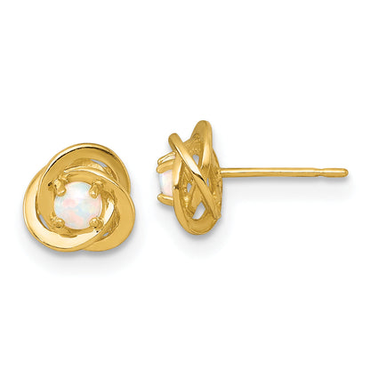 10K Yellow Gold Polished Round Lab Created Opal In Love Knot Fancy Post Earrings