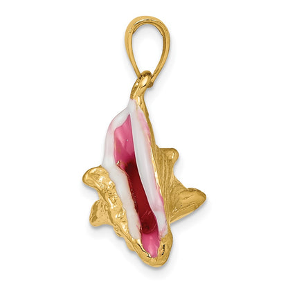 10K Yellow Gold Polished 3-Dimensional Pink & White Enameled Conch Shell Pendant