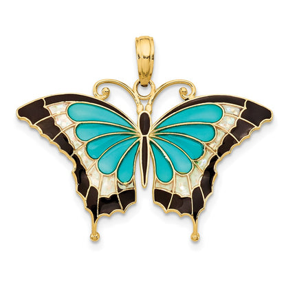 10K Yellow Gold 10K Aqua Enameled Butterfly Pendant