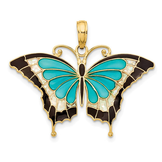 10K Yellow Gold 10K Aqua Enameled Butterfly Pendant