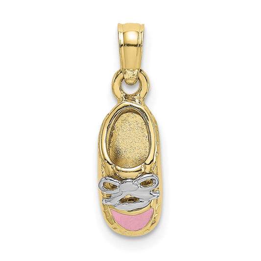10K Yellow W/Rhodium 10K 3-D Pink Enamel Baby Shoe Charm