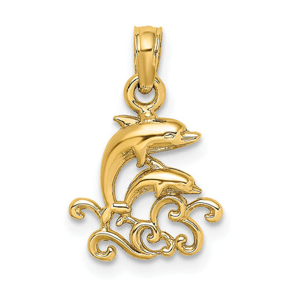 10K Yellow Gold 10K Textured Mini Double Dolphins And Waves Charm