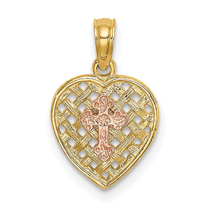 10K Two-Tone 10K Two-Tone Cross On Woven Heart Charm
