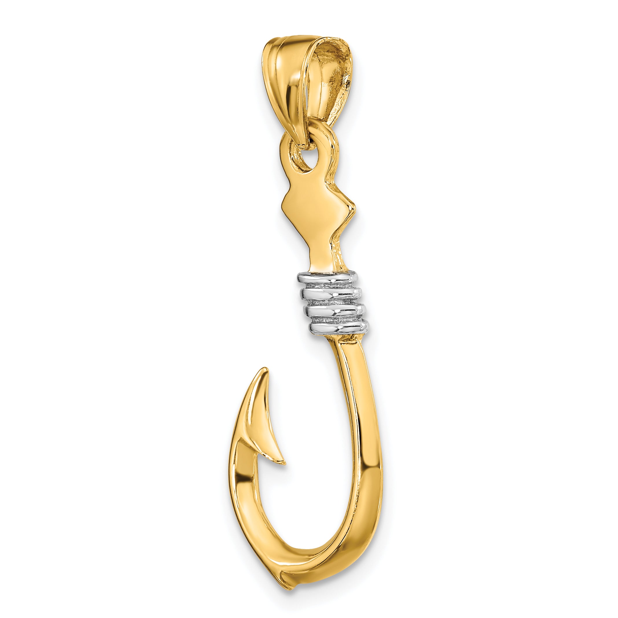 10K Yellow W/Rhodium 10K 3-D Fish Hook With Rope Charm