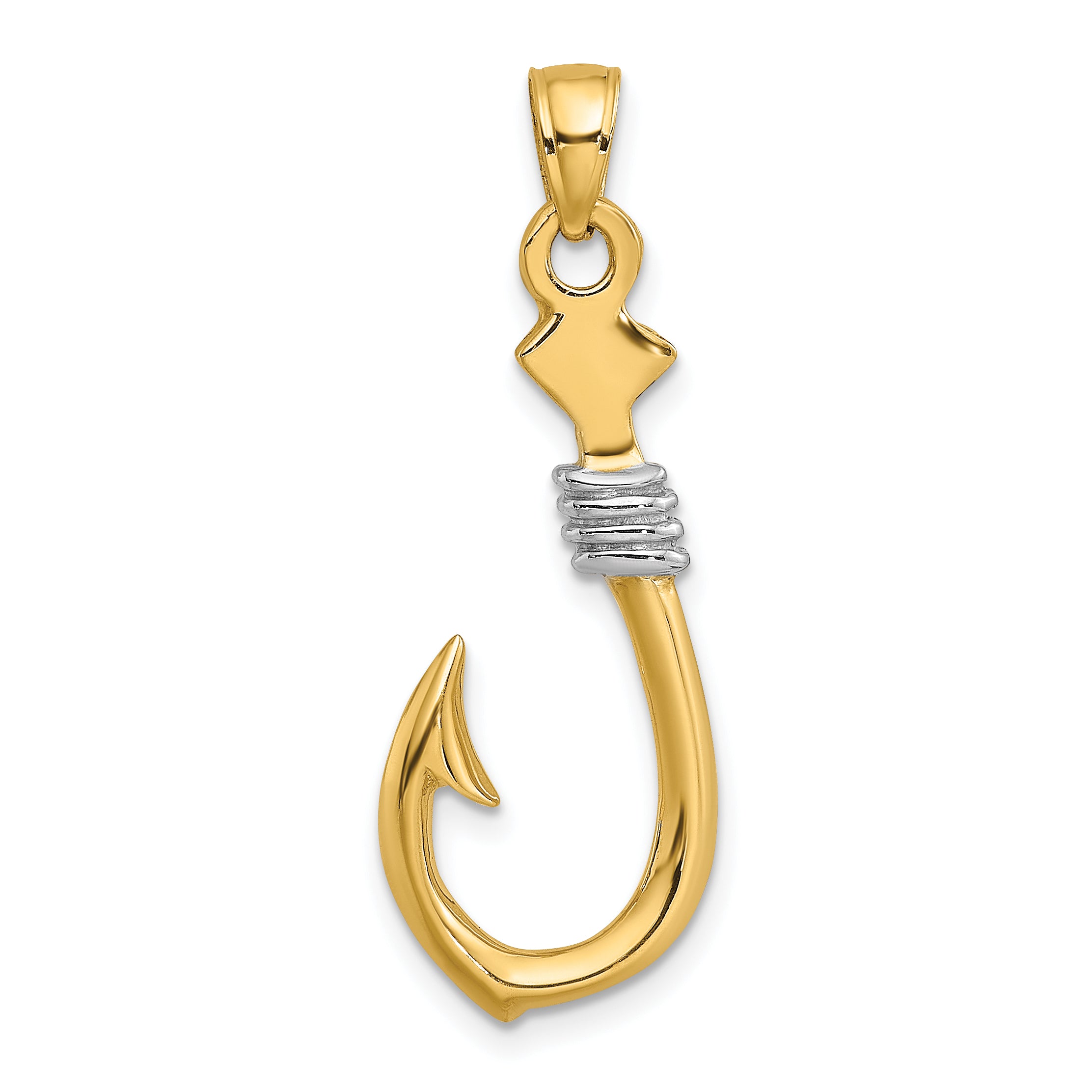 10K Yellow W/Rhodium 10K 3-D Fish Hook With Rope Charm