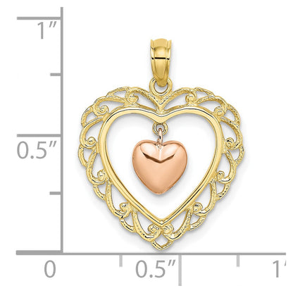10K Two-Tone Yellow And Rose Gold Polished Dangling Heart In Charm