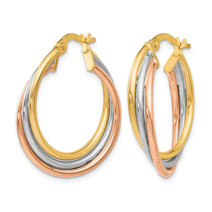 10K Tri Color Tri-Color Polished And Textured Twisted Hoop Earrings