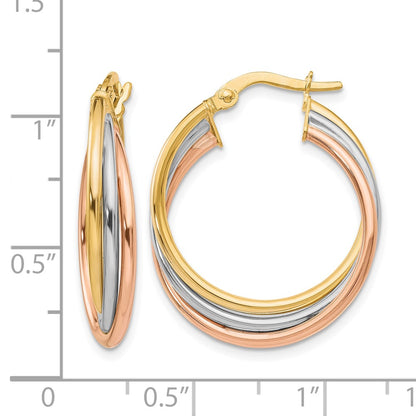 10K Tri Color Tri-Color Polished And Textured Twisted Hoop Earrings