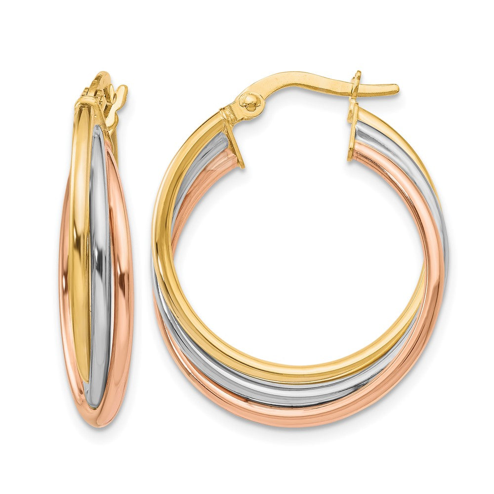 10K Tri Color Tri-Color Polished And Textured Twisted Hoop Earrings