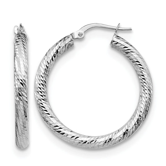 10K White Gold 3X20 D/C Round Hoop Earrings