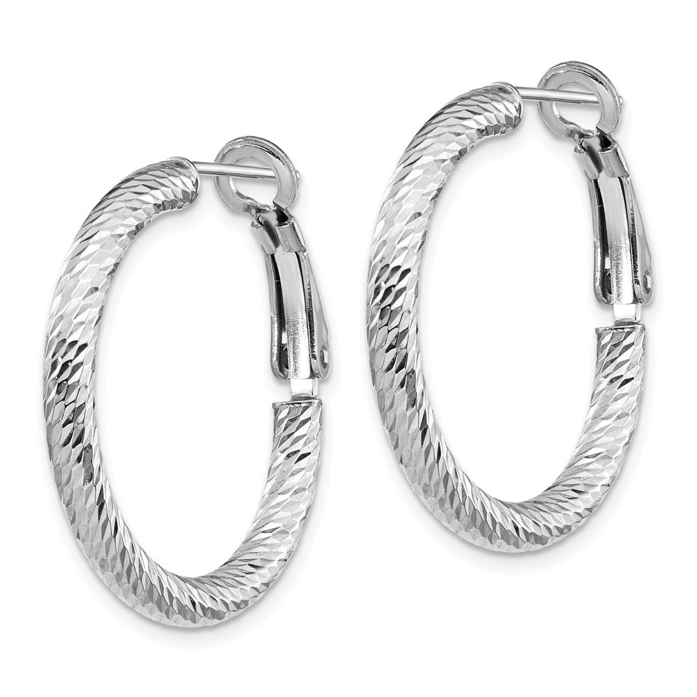10K White Gold 3X20 D/C Round Omega Back Hoop Earrings