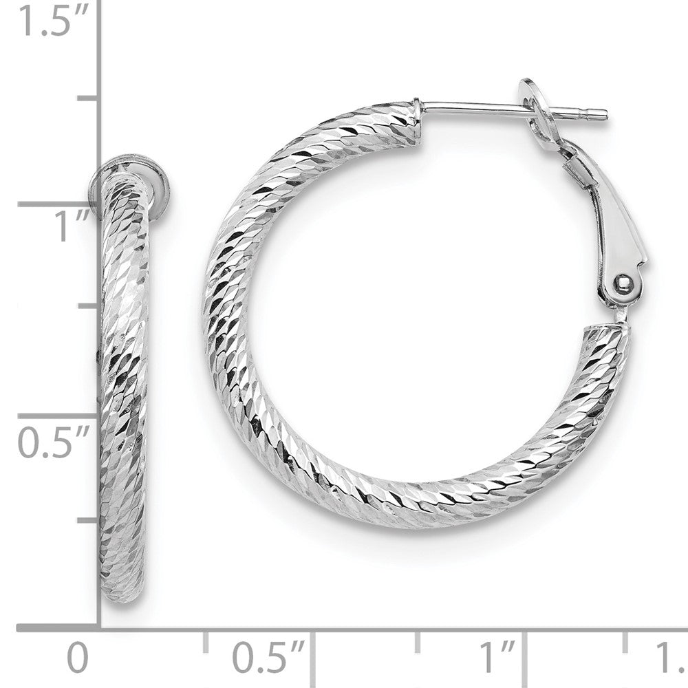 10K White Gold 3X20 D/C Round Omega Back Hoop Earrings