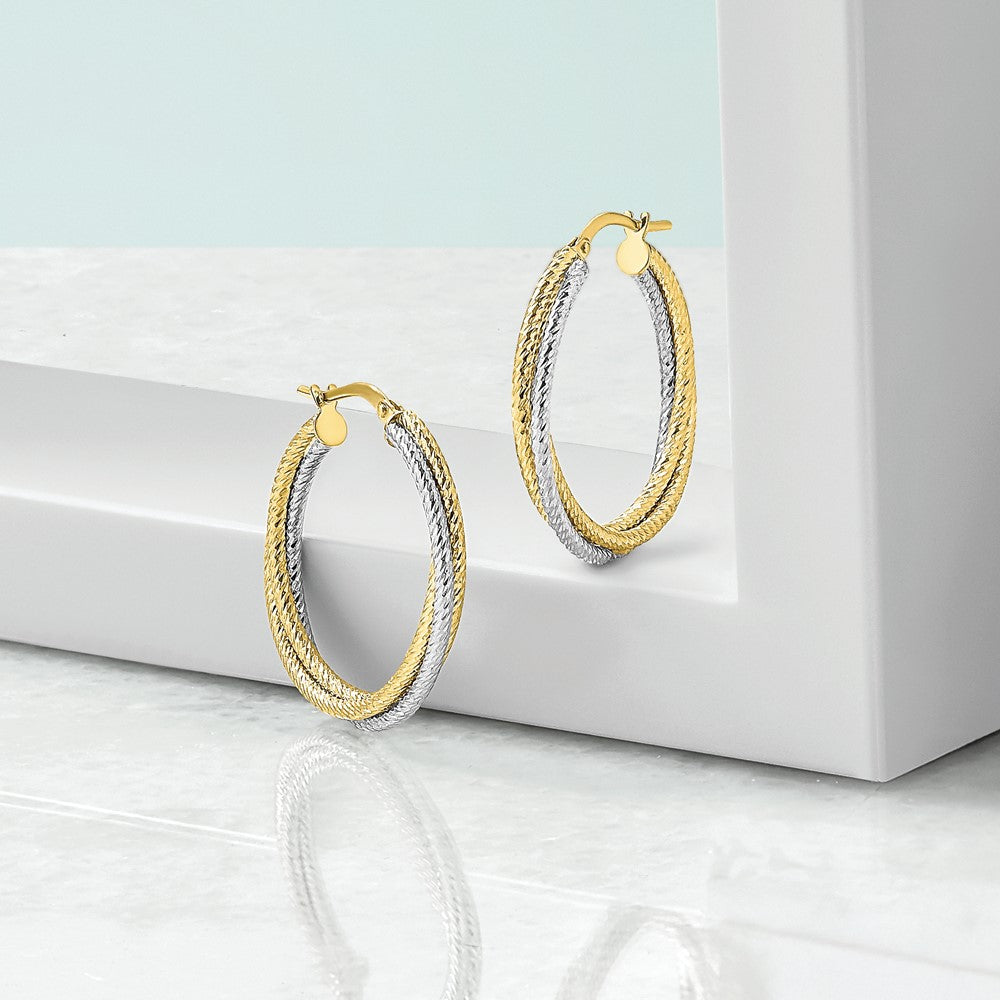 10K Yellow Rhodium With Polished D/C Hoop Earrings