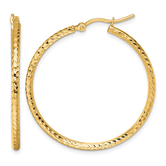 10K Yellow Gold Diamond Cut 2mm Round Tube Hoop Earrings