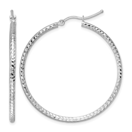 10K White Gold Diamond Cut 2mm Round Tube Hoop Earrings