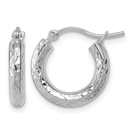 10K White Gold Diamond Cut 3mm Round Hoop Earrings