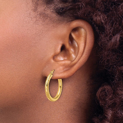 10K Yellow Gold Diamond Cut 3mm Round Hoop Earrings