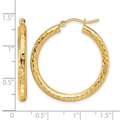 10K Yellow Gold Diamond Cut 3mm Round Hoop Earrings