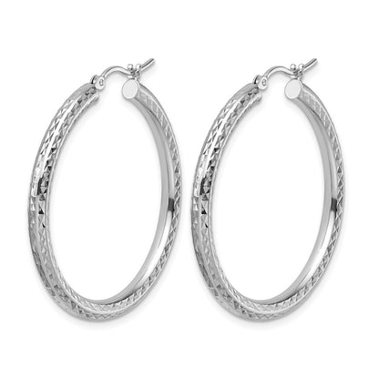 10K White Gold Diamond Cut 3mm Round Hoop Earrings