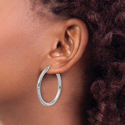 10K White Gold Diamond Cut 3mm Round Hoop Earrings