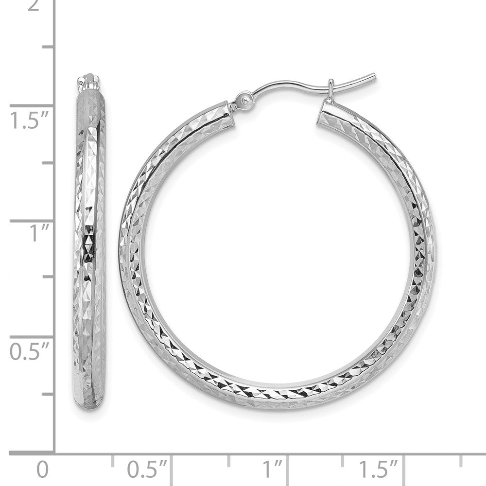 10K White Gold Diamond Cut 3mm Round Hoop Earrings