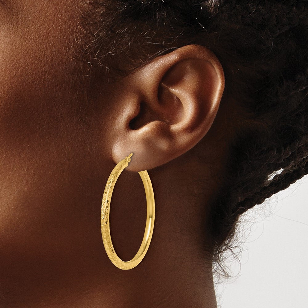 10K Yellow Gold Diamond Cut 3mm Round Hoop Earrings