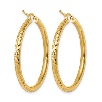 10K Yellow Gold Diamond Cut 3mm Round Hoop Earrings