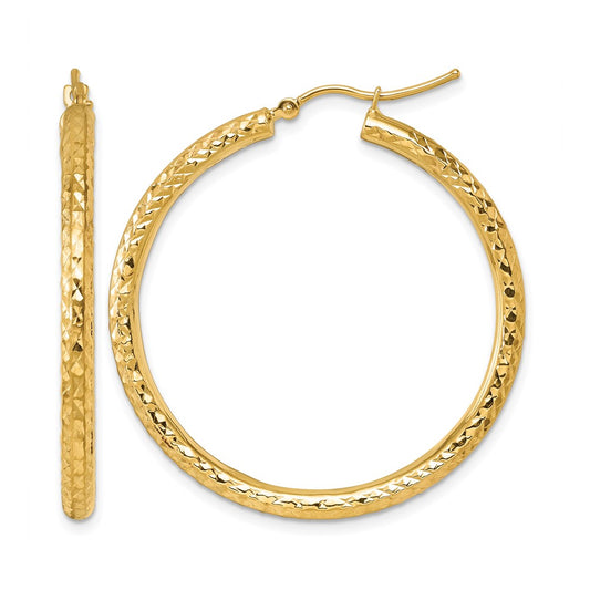 10K Yellow Gold Diamond Cut 3mm Round Hoop Earrings