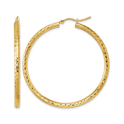 10K Yellow Gold Diamond Cut 3mm Round Hoop Earrings