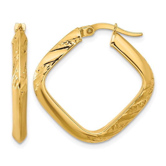 10K Yellow Gold Polished And Diamond Cut Square Hoop Earrings